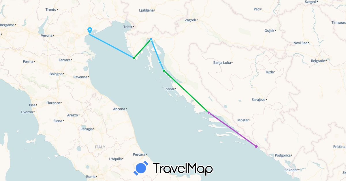 TravelMap itinerary: bus, plane, train, boat in Croatia, Italy (Europe)